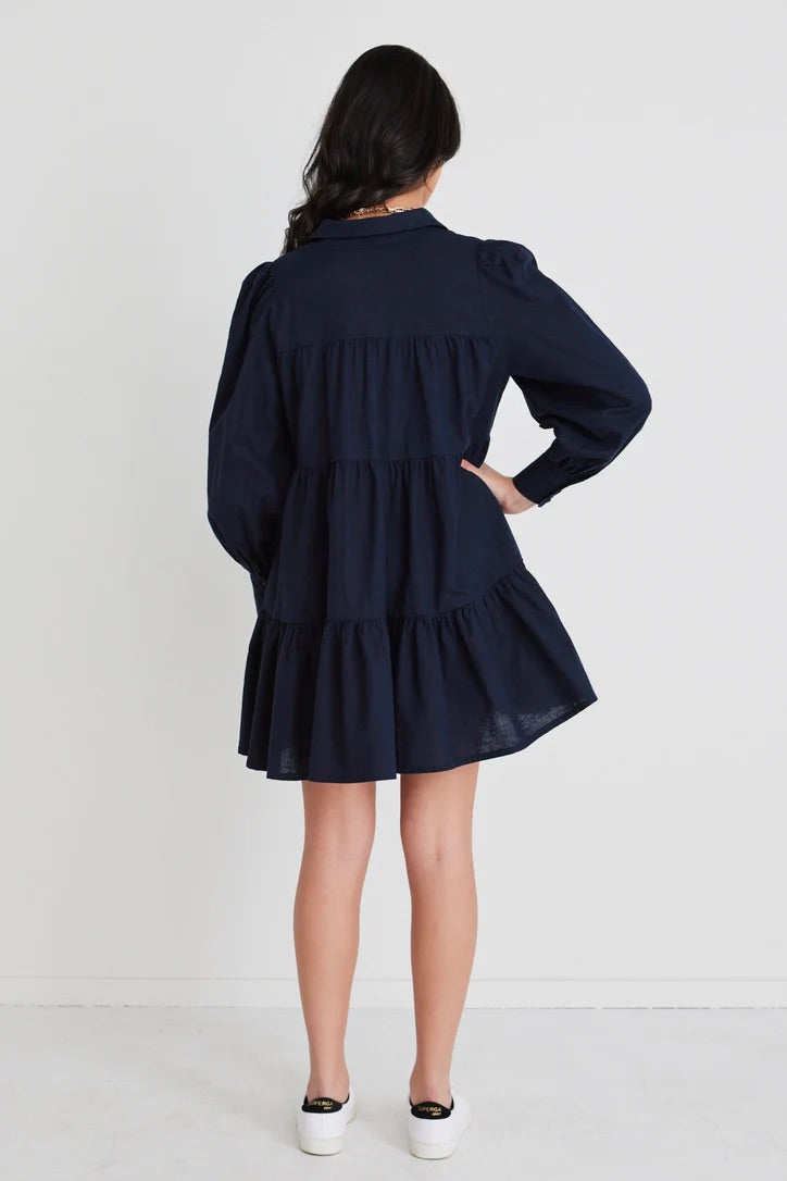 Valley Navy Linen Blend Shirt Style Tiered Mini Dress