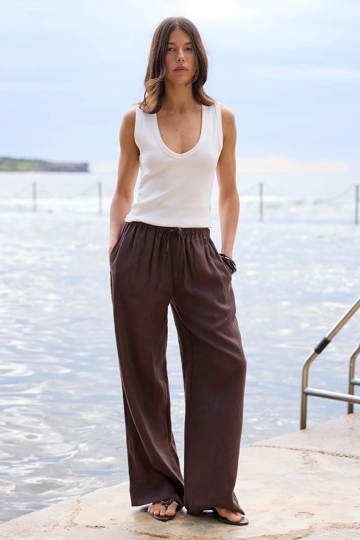 Wellness Dark Chocolate Linen Pull On Wide Leg Pants