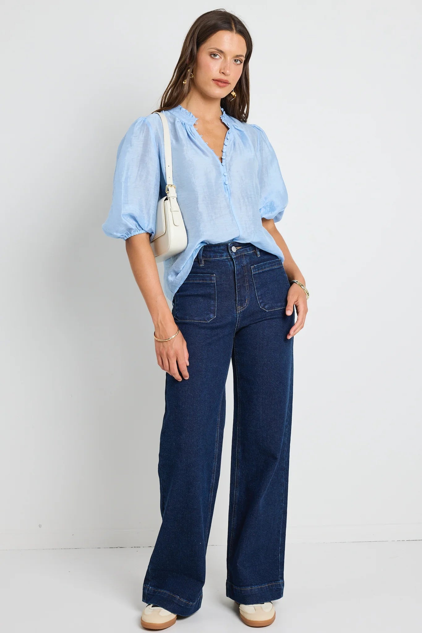 Closure Pale Blue Sheer High Neck Buttoned Top