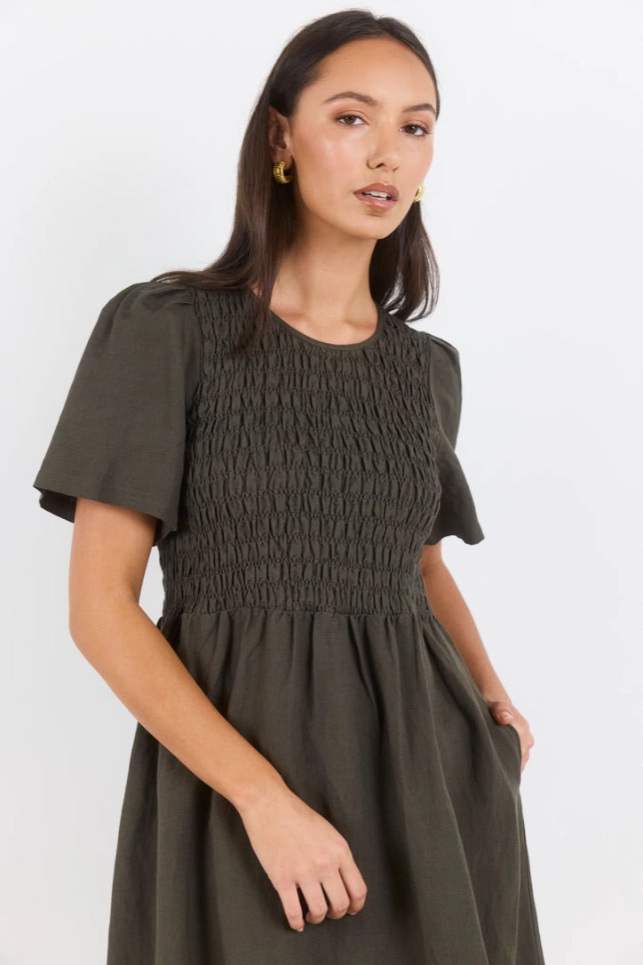 Wren Dark Olive Linen Blend SS Shirred Bodice Midi Dress