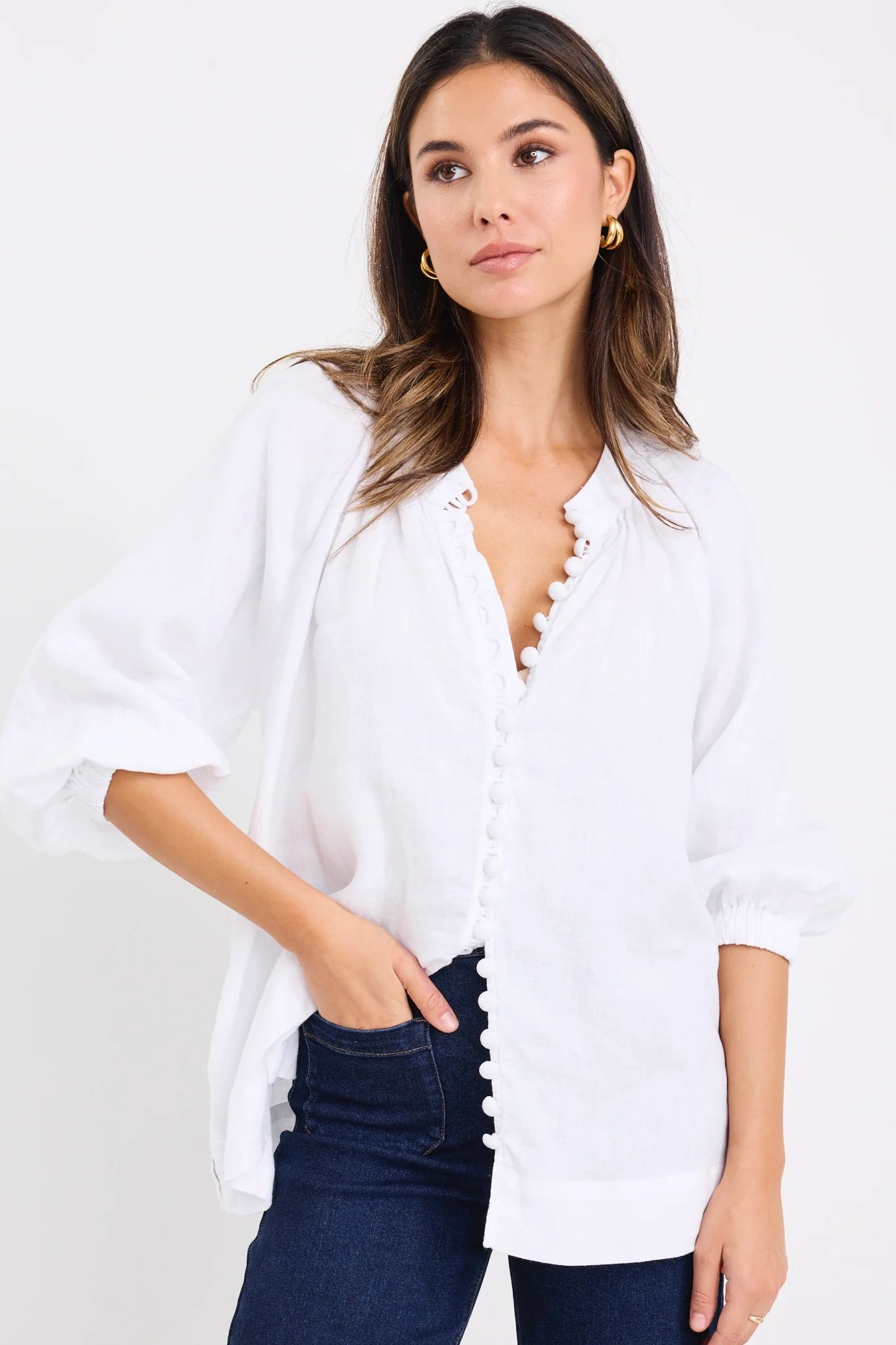 Restoration White Linen Button Front Mid Sleeve Blouse