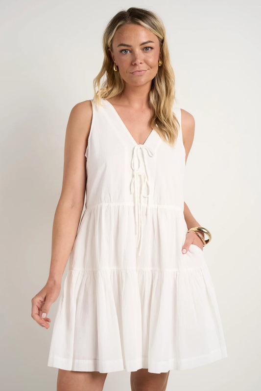 Pivot White Cotton Sleeveless Tiered Mini Dress