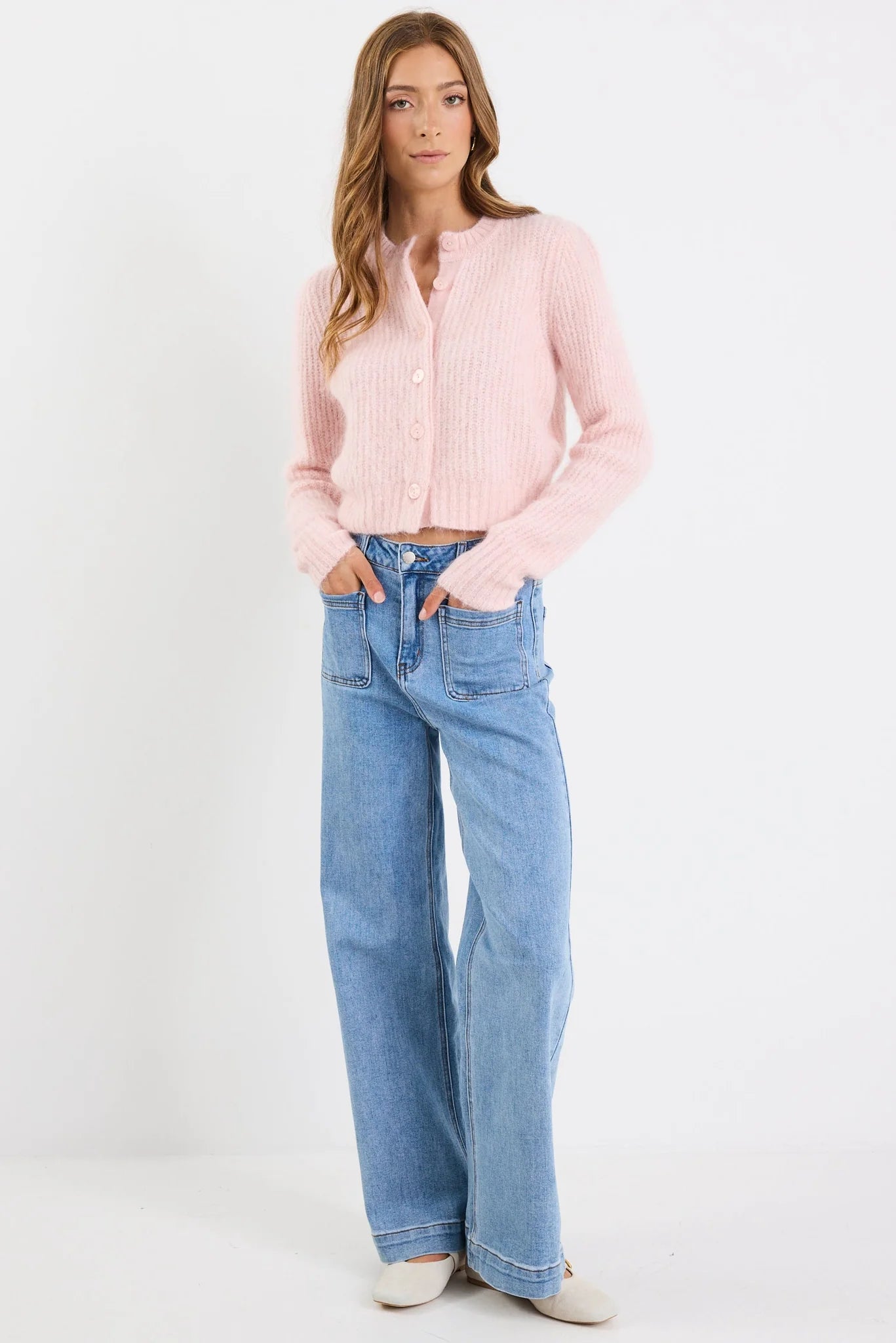 Highlight Blush Mohair Blend Crewneck Cardigan