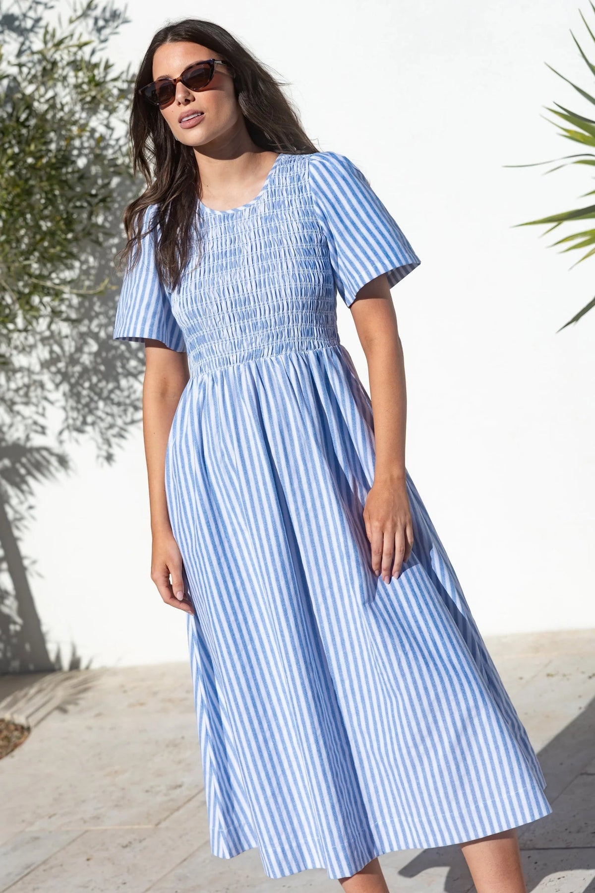 Wren blue stripe shirred bodice midi dress