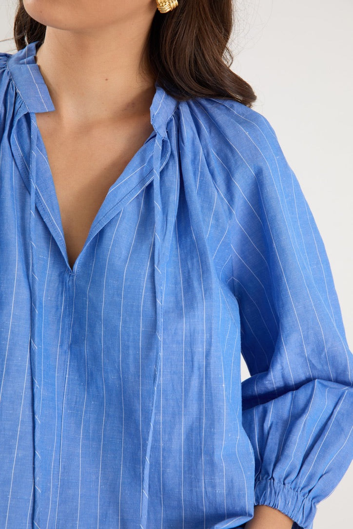 Compliment French Blue Stripe Blouson Mid Sleeve Top