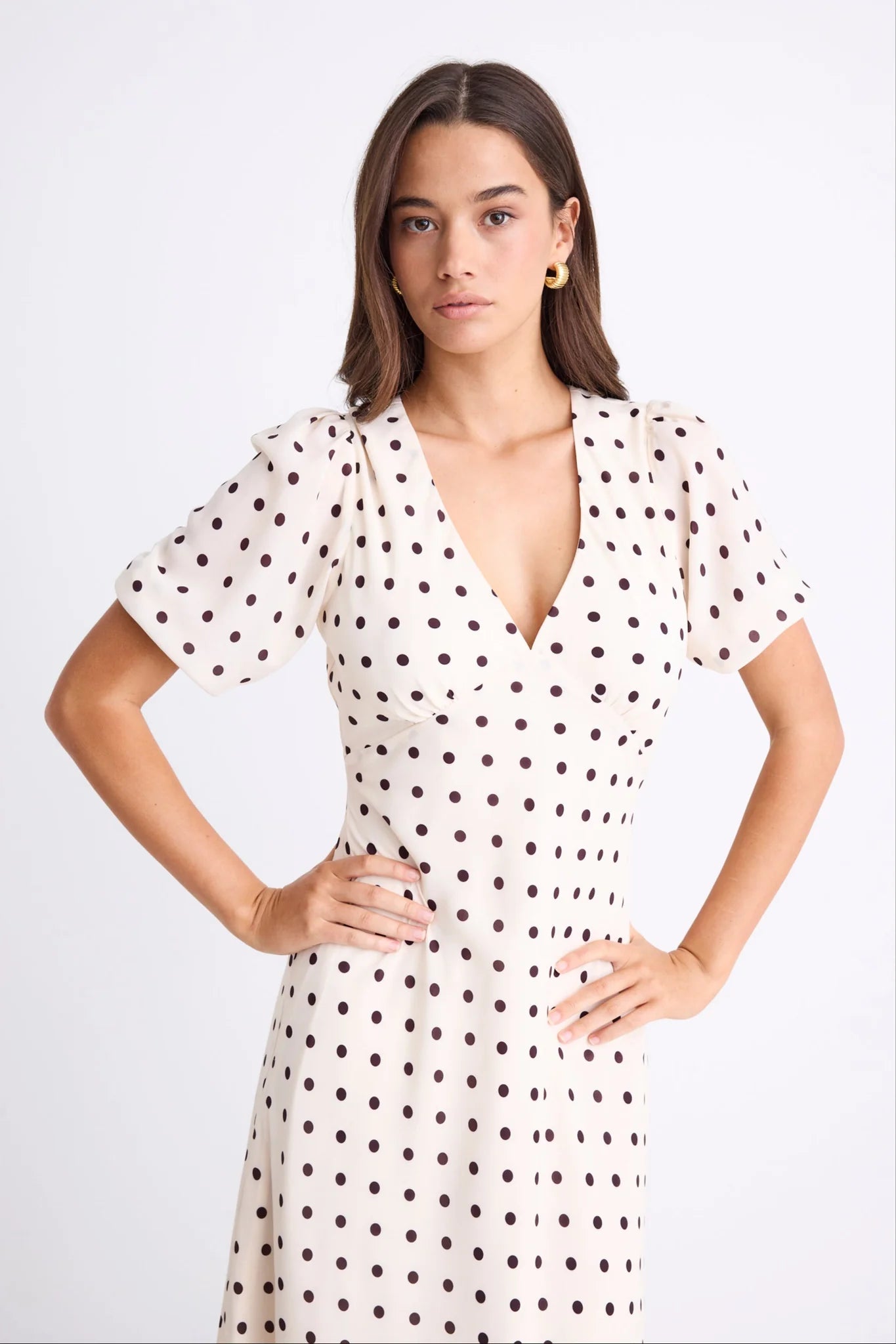 Amora Cream Chocolate Polka Dot Bias Midi Dress