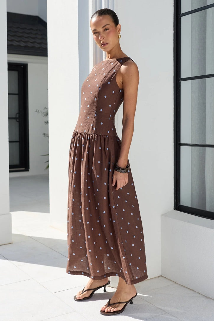 Results Mocha Blue Polka Dot Shirred Back Sleeveless Maxi Dress