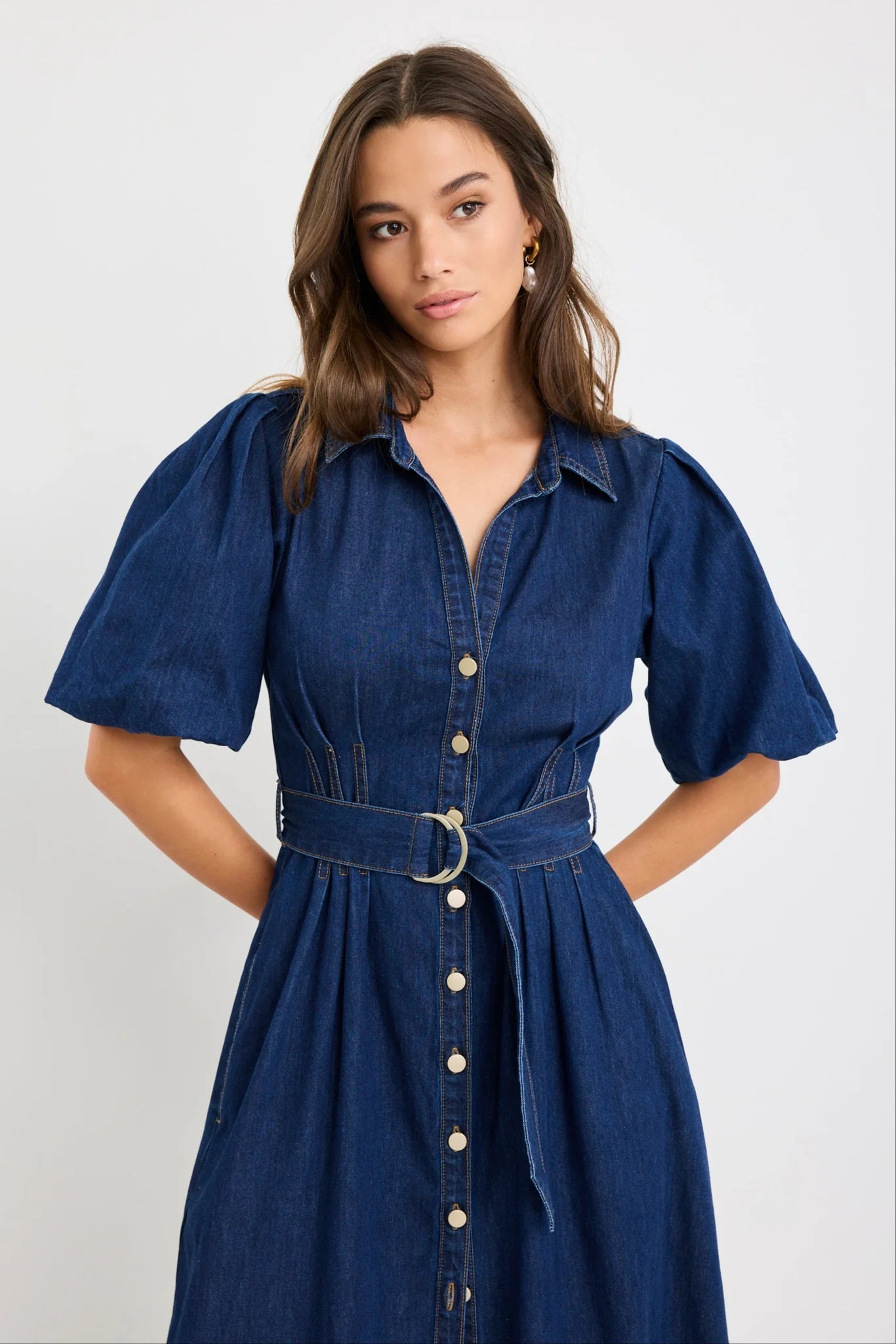 Dusk Indigo Denim Puff Sleeve Maxi Shirt Dress