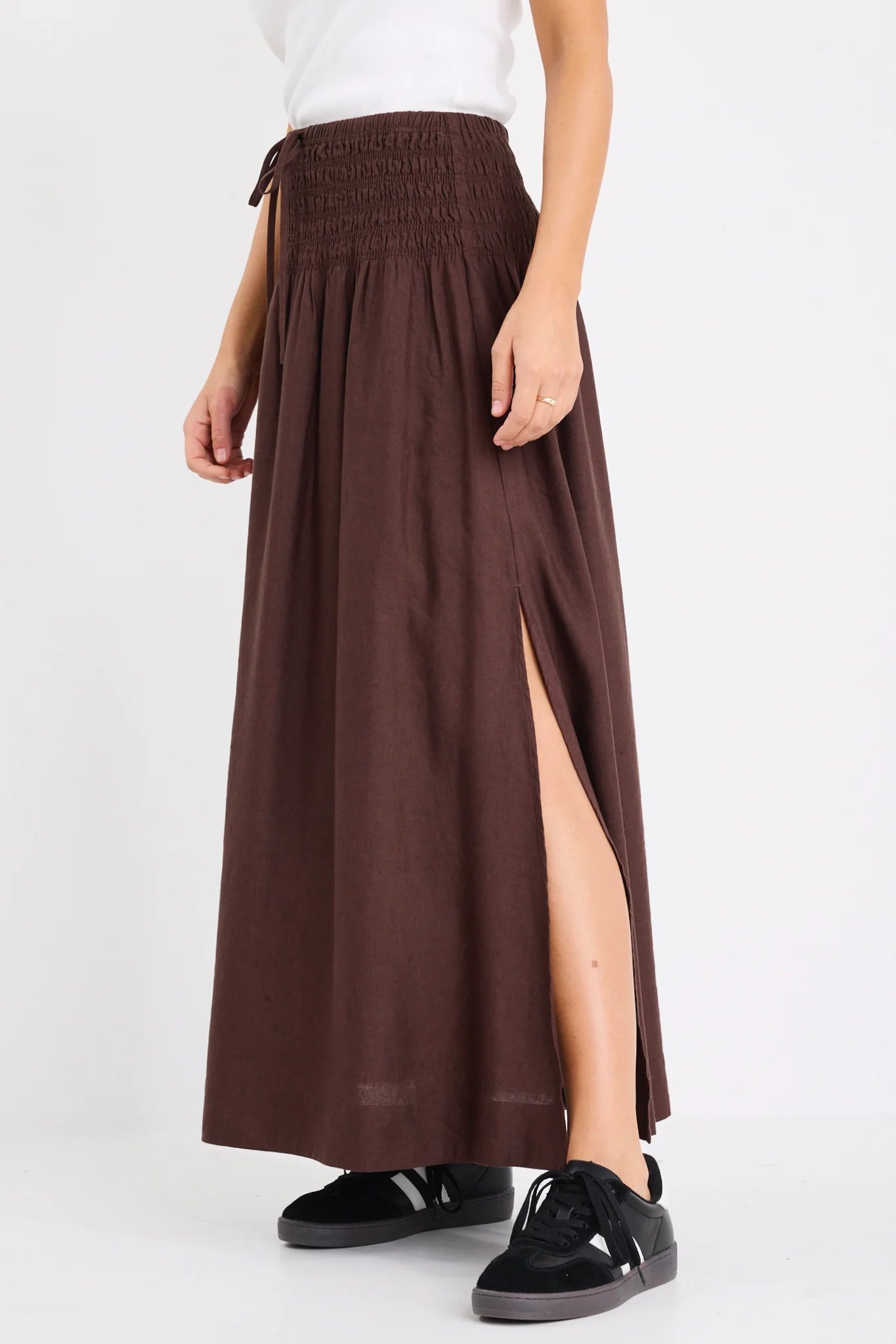 Byron Chocolate Linen Blend Shirred Waist Maxi Skirt
