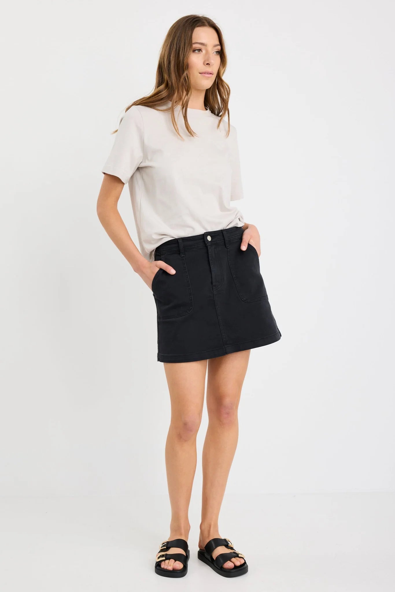 Orchard Washed Black Pocket Front Denim Mini Skirt