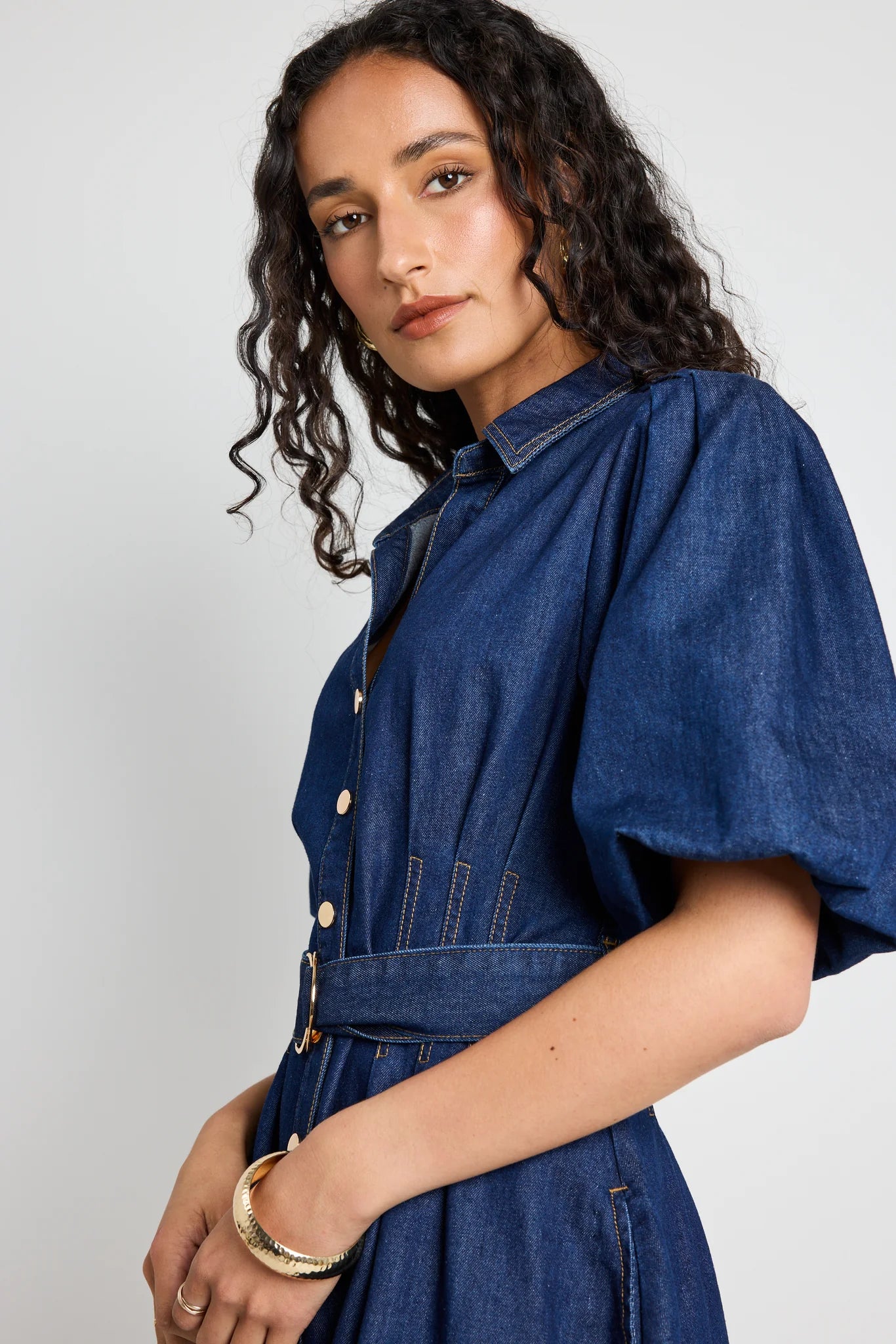 Sundown Indigo Denim Puff Sleeve Mini Shirt Dress