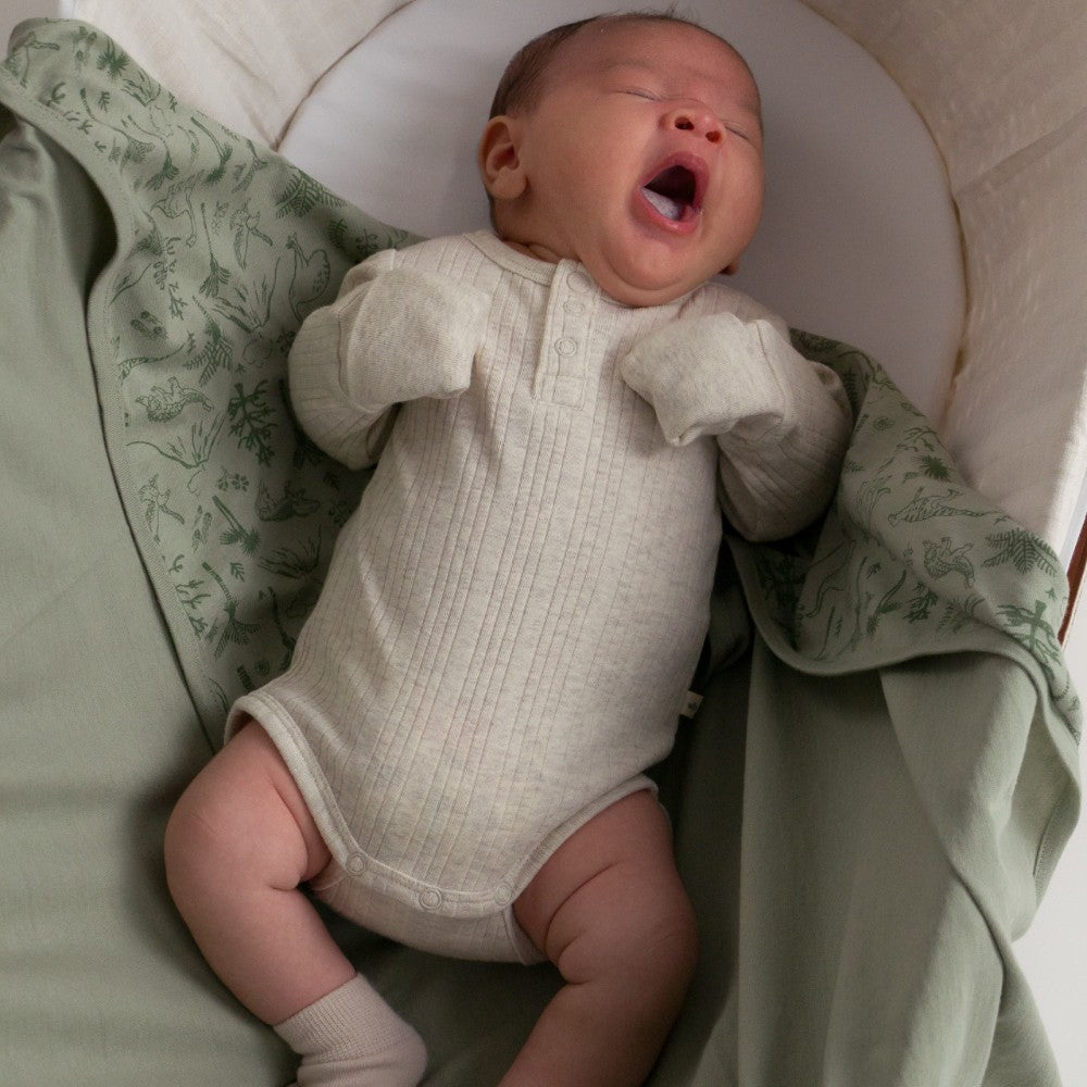 Woolbabe Merino/Organic Cotton Long Sleeve Henley Bodysuit - Natural Marl