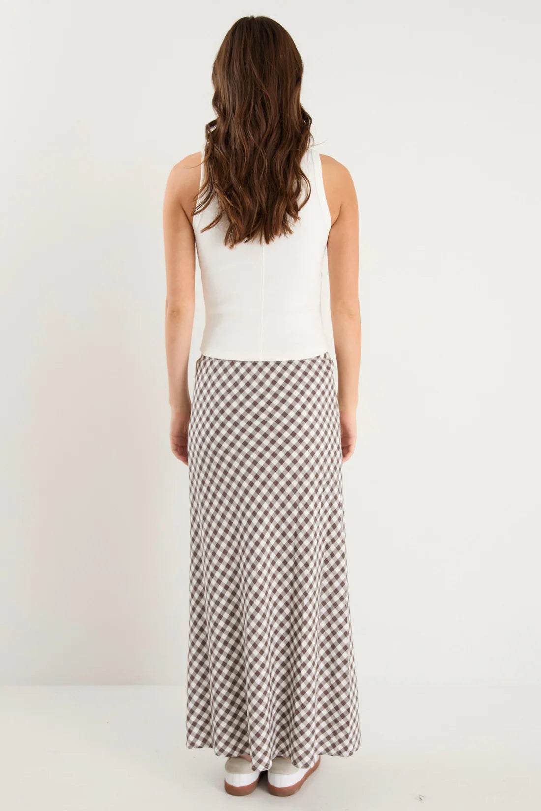 Summit Chocolate Gingham Viscose Cotton Tie Waist Bias Maxi Skirt