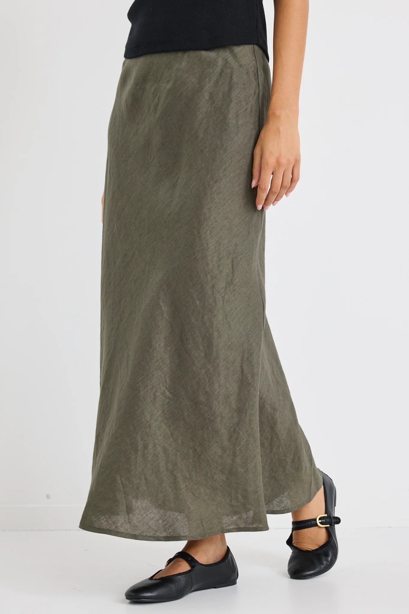 Bliss Khaki Linen Bias Midi Skirt
