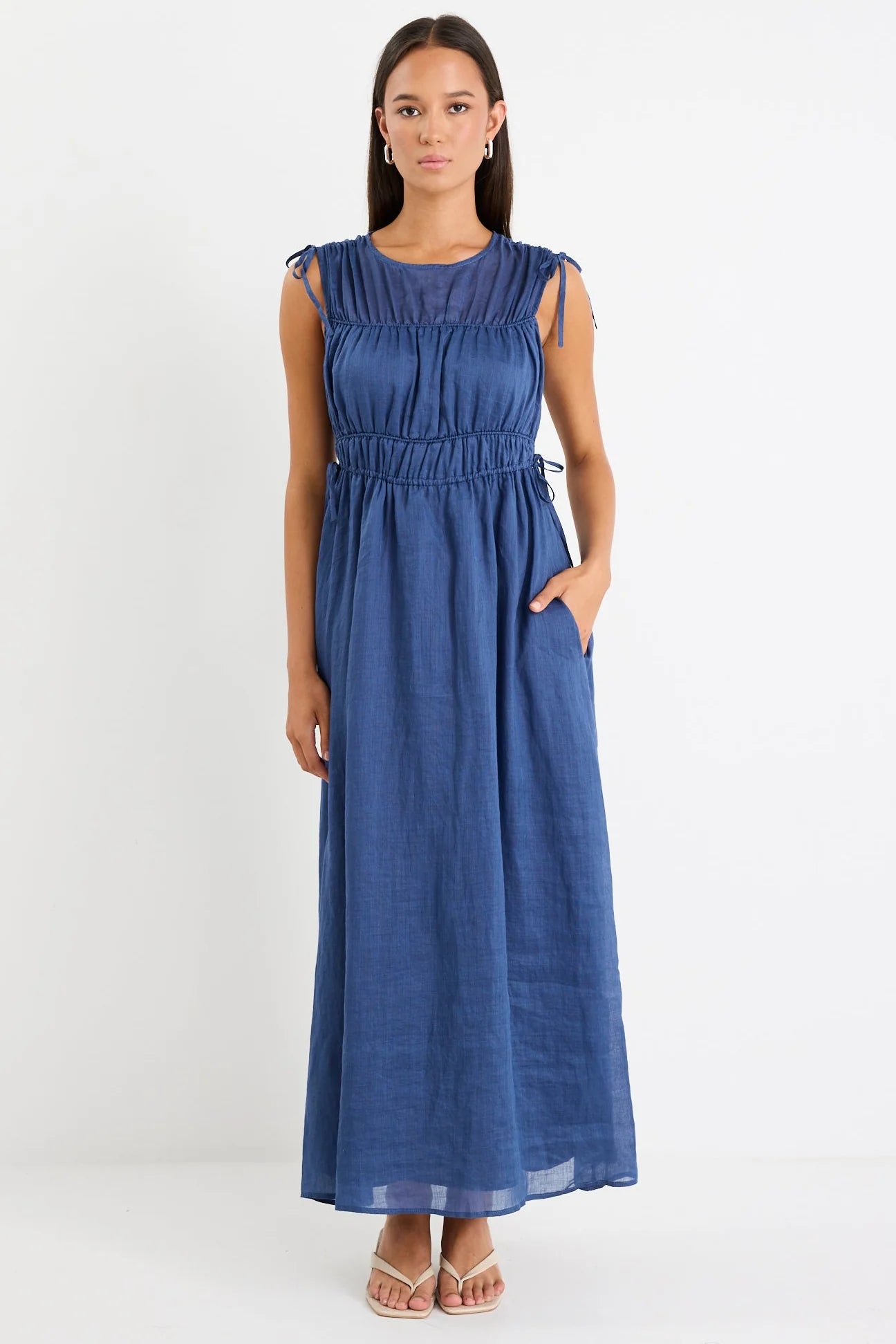 Compass Navy Ramie Relaxed Sleeveless Maxi Dress