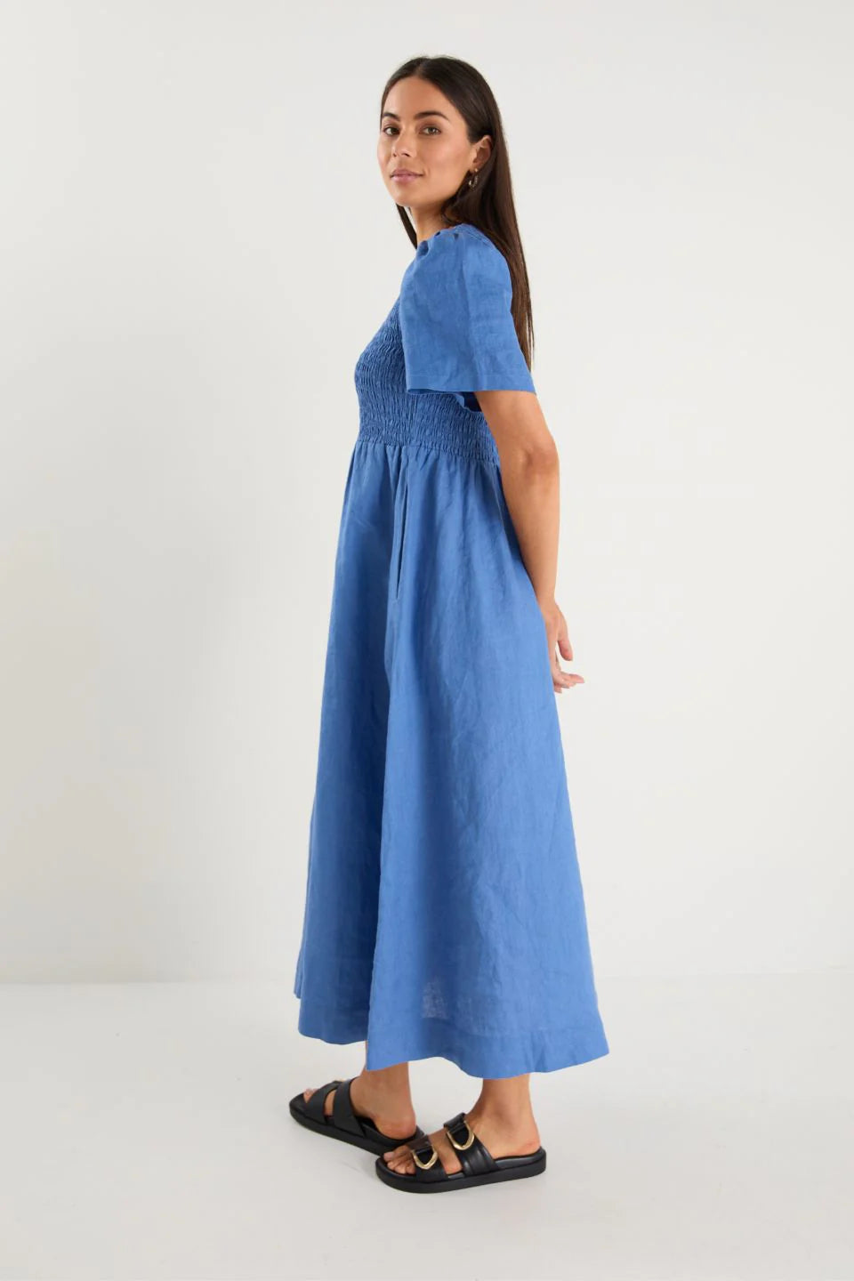 Wren Cornflower Blue Linen SS Shirred Bodice Midi Dress