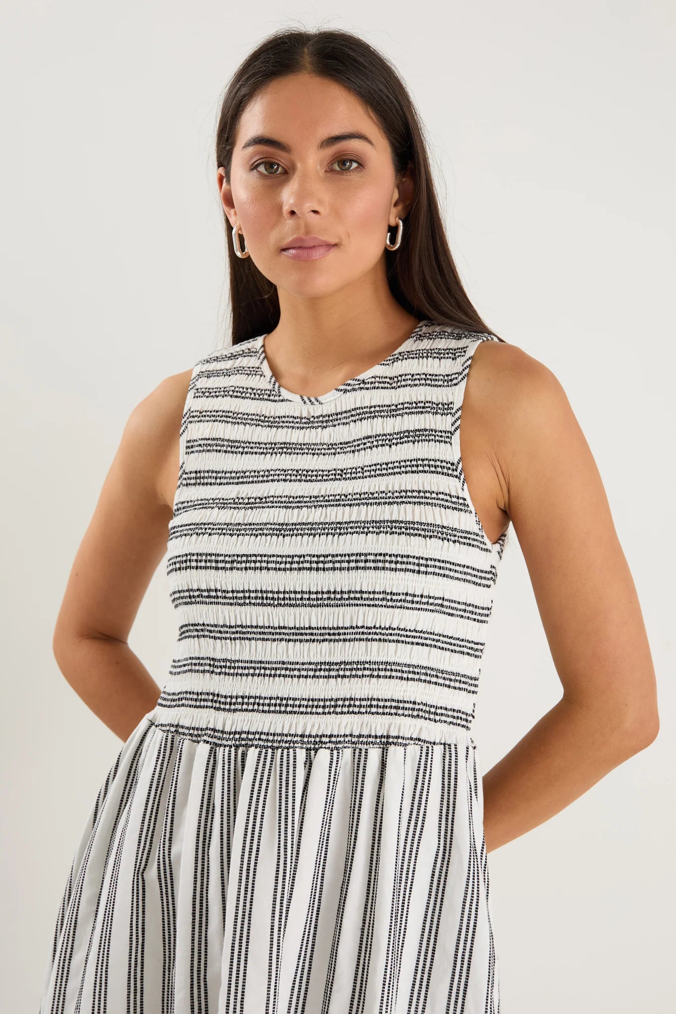 Bryar Ivory Black Stripe Cotton Sleeveless Shirred Bodice Midi Dress