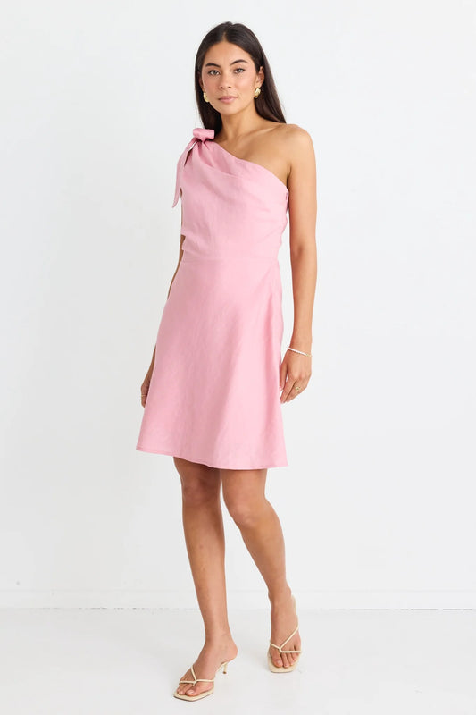 Ecstatic Blush Linen Blend One Shoulder Bow Mini Dress