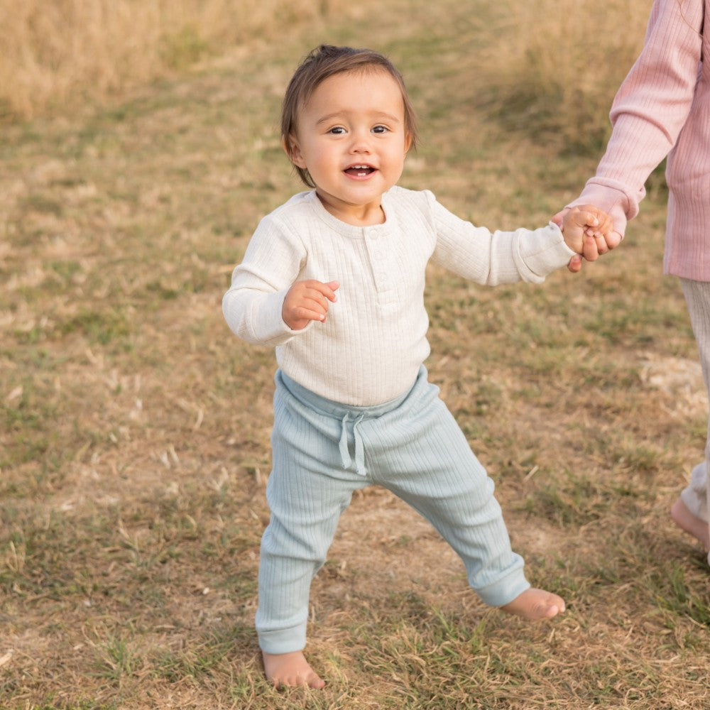 Woolbabe Merino/Organic Cotton Long Sleeve Henley Bodysuit - Natural Marl