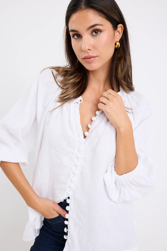 Restoration White Linen Button Front Mid Sleeve Blouse