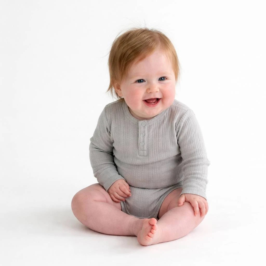 Woolbabe Merino/Organic Cotton Long Sleeve Henley Bodysuit - Pebble marl