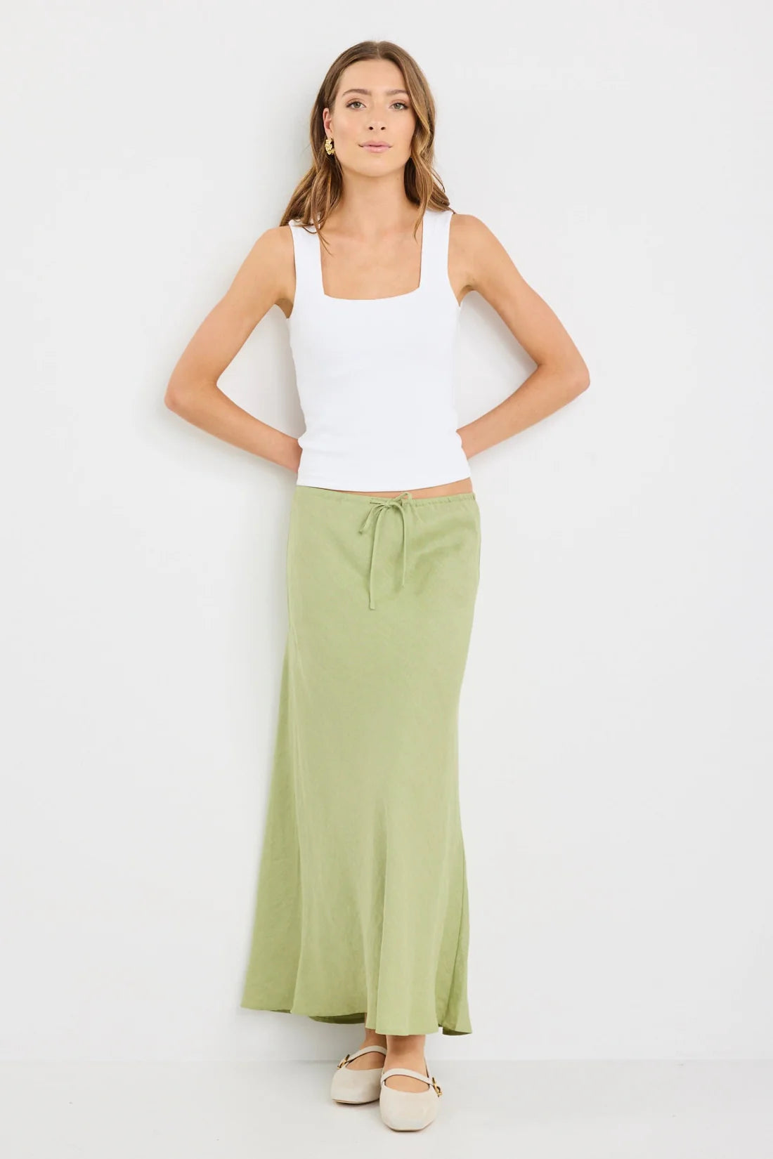 Summit Moss Tie Waist Bias Maxi Skirt