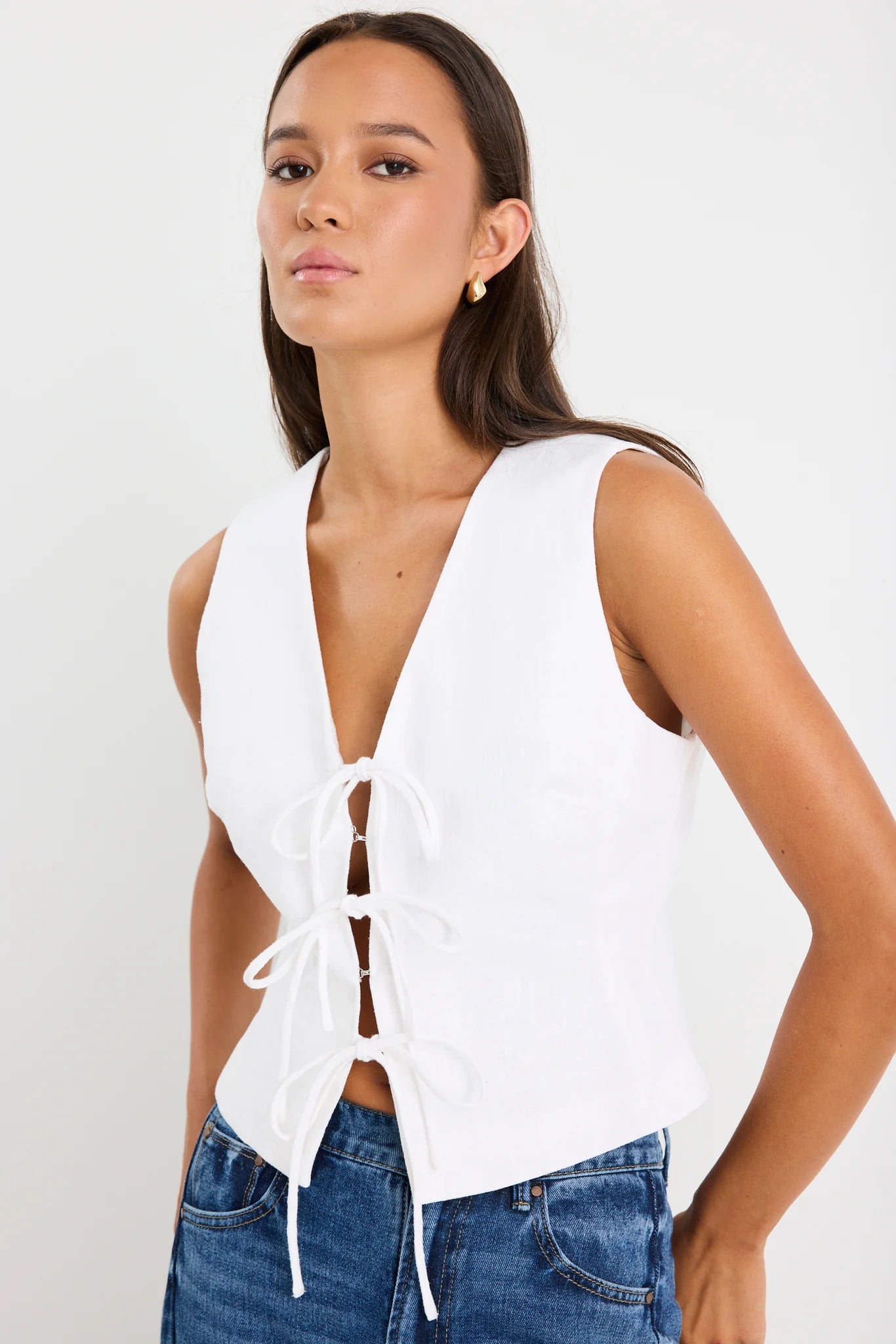 Spectacle Ivory Ramie Tie Front Vest