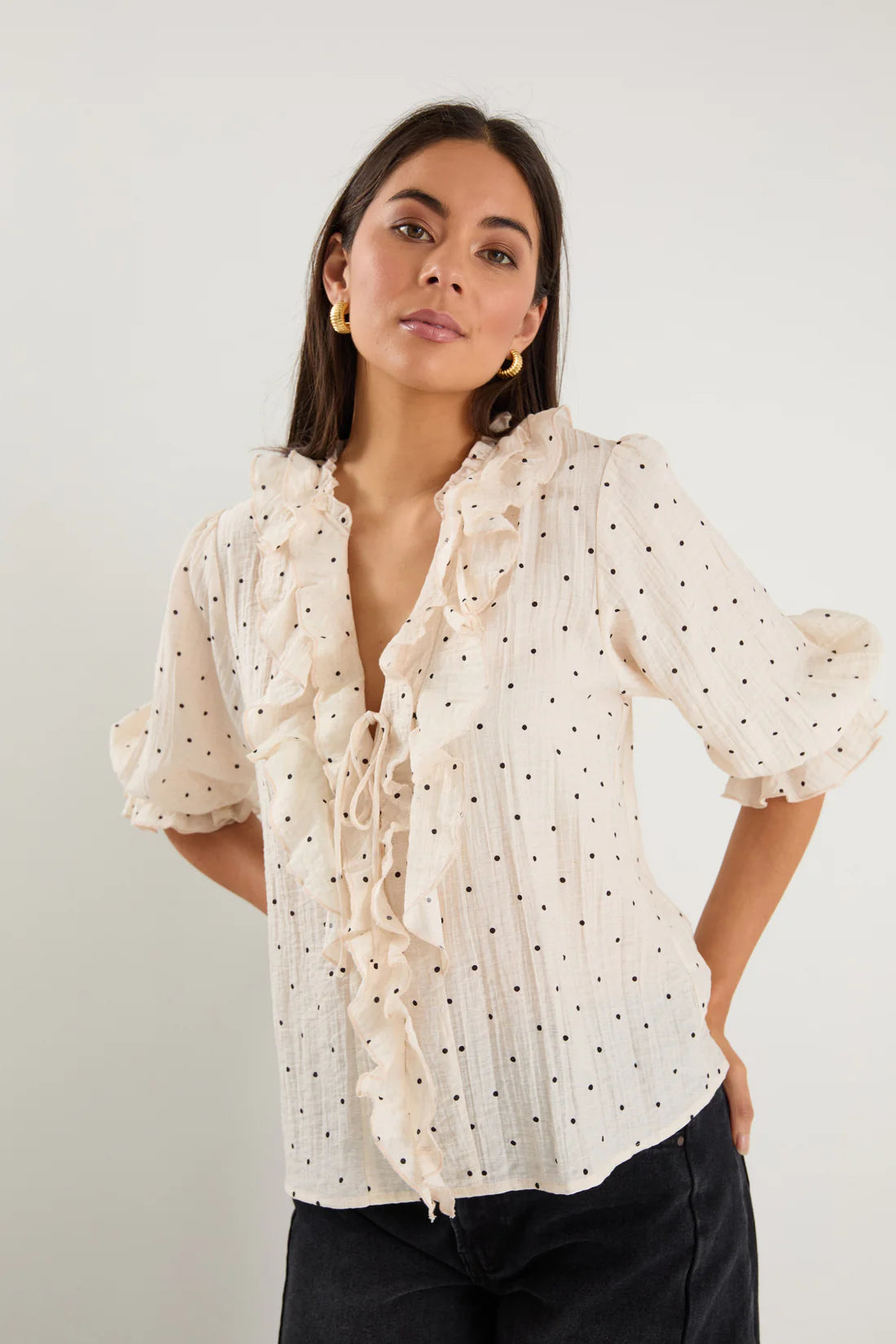Garnish Cream Black Spot Frill Front Mid Sleeve Top