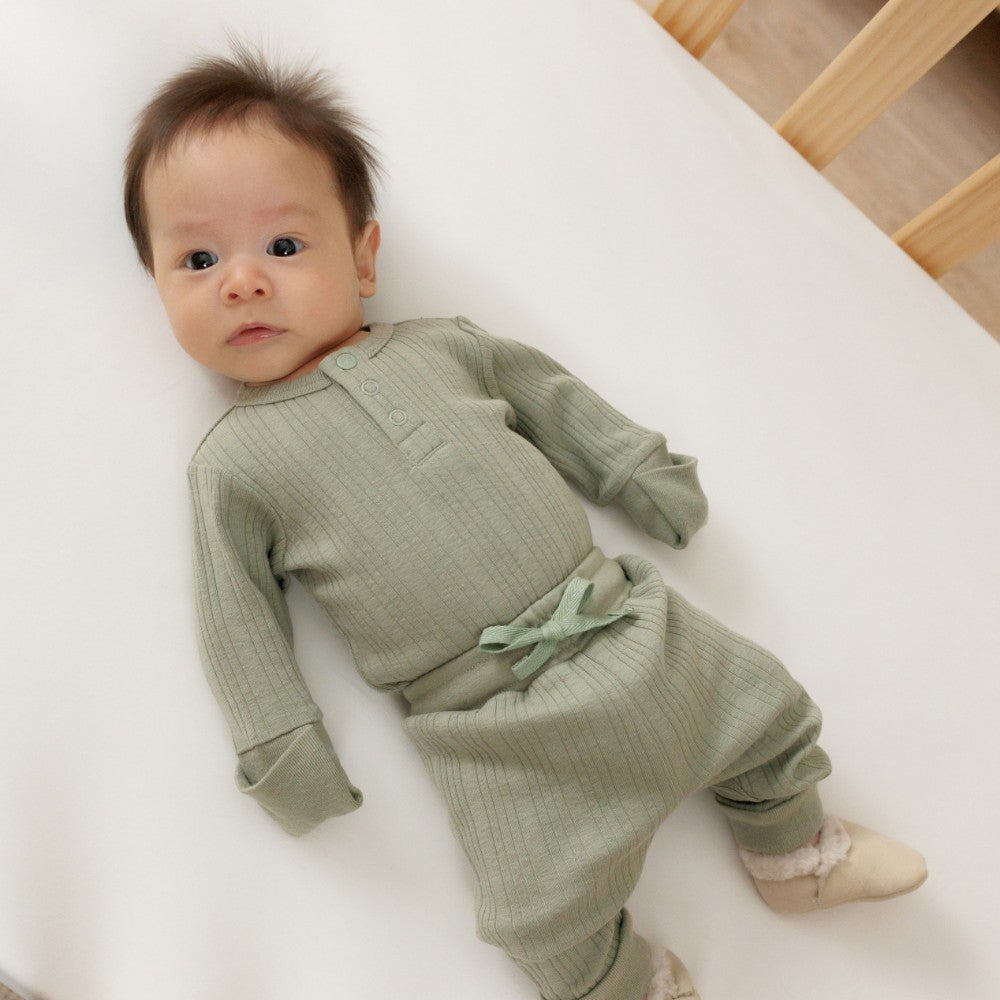 Woolbabe Merino/Organic Cotton Long Sleeve Henley Bodysuit - Flax Marl