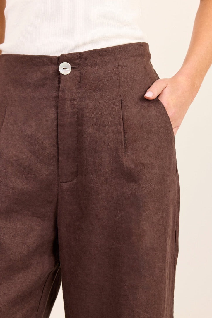 Curator Dark Chocolate Linen Pleat Front Wide Leg Pants