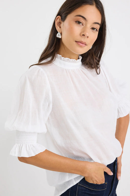 Verse Sheer High Neck Short Sleeve Top- Ivory