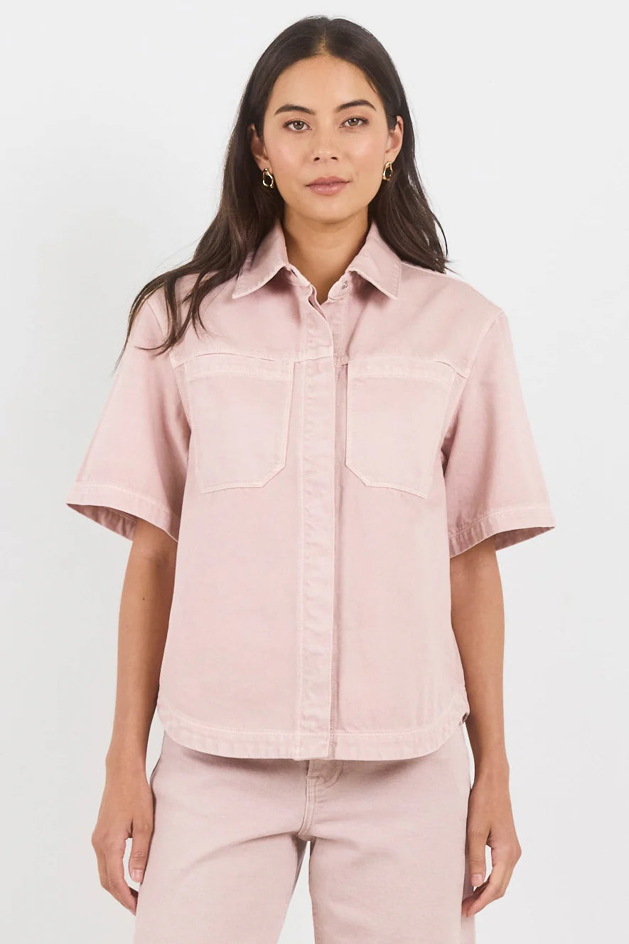 Crucial Pale Pink Denim Short Sleeve Shacket