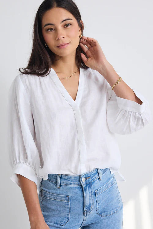 Deity Linen Puff Sleeve Blouse - white