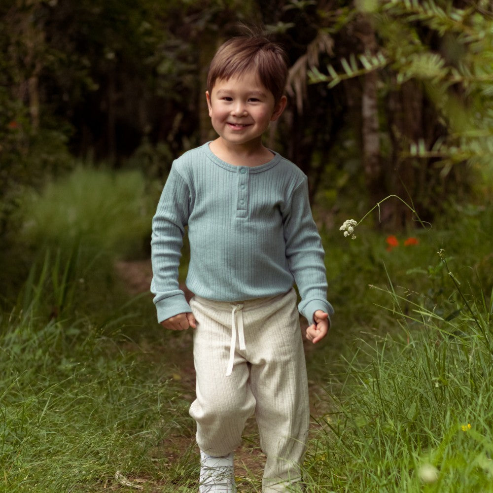 Woolbabe Merino/Organic Cotton Long Sleeve Henley Bodysuit - Tide Marl