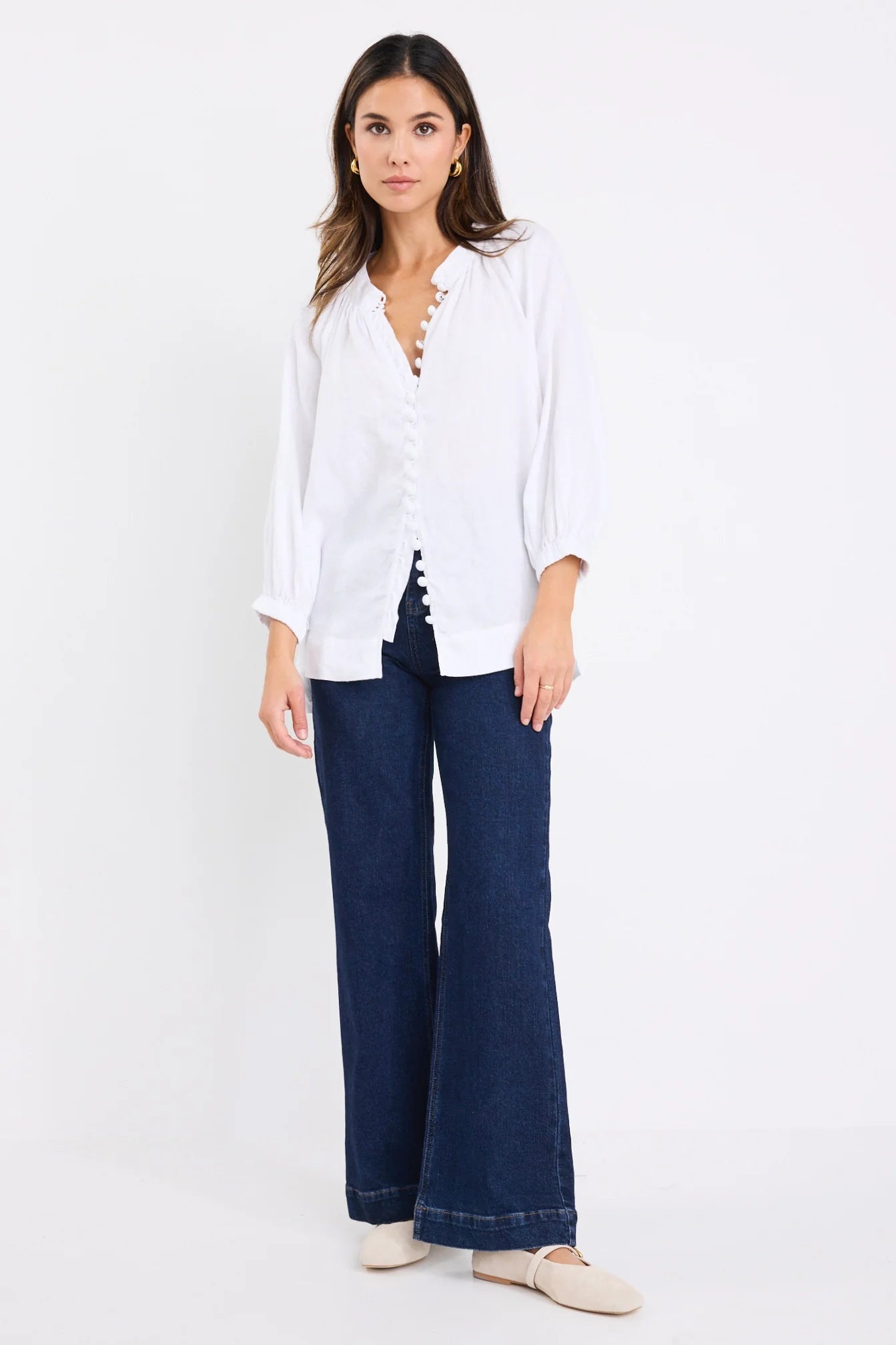 Restoration White Linen Button Front Mid Sleeve Blouse