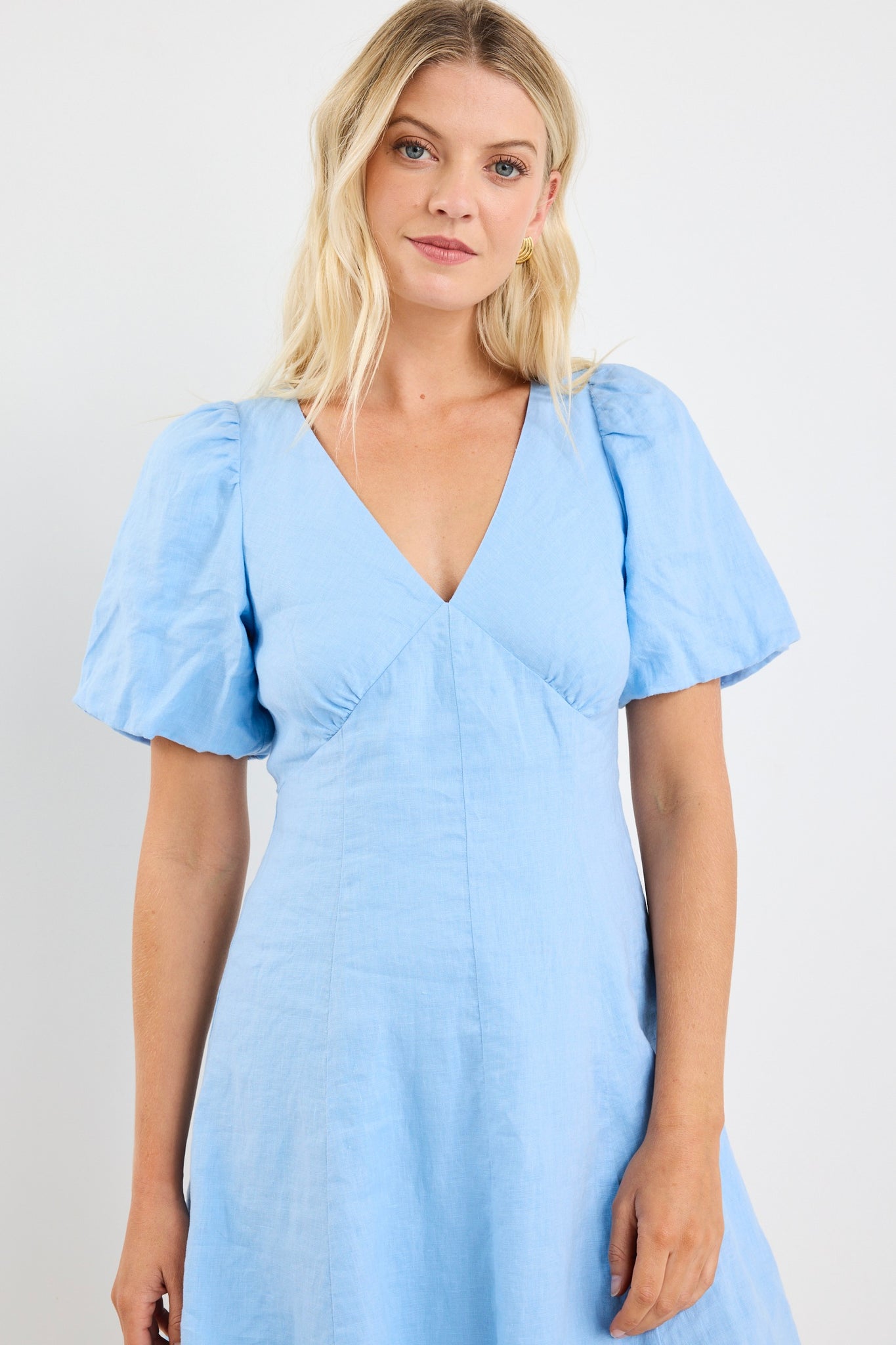 Adelaide Sky Blue Linen Puff Sleeve Panelled Mini Dress