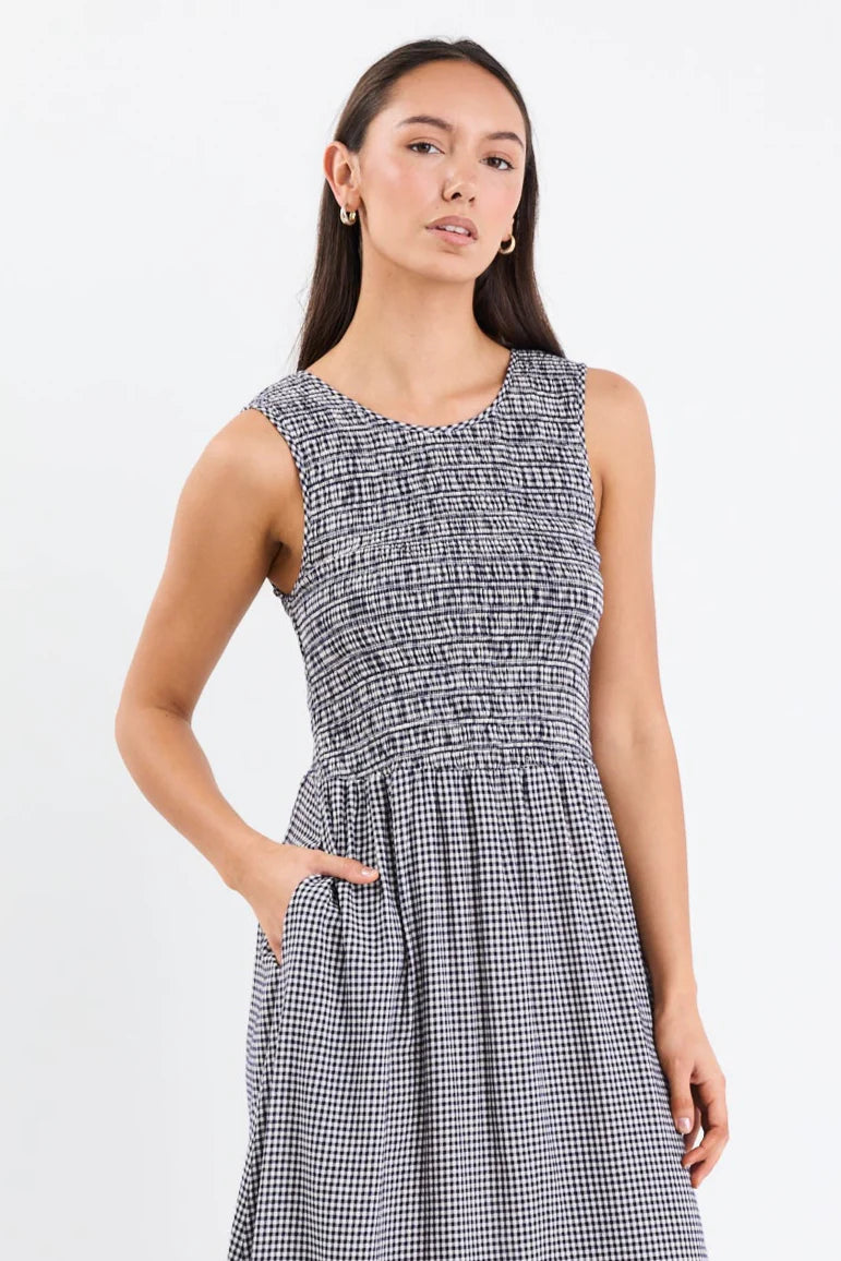 Bryar Navy Mini Gingham Sleeveless Shirred Bodice Midi Dress -Navy Mini Gingham