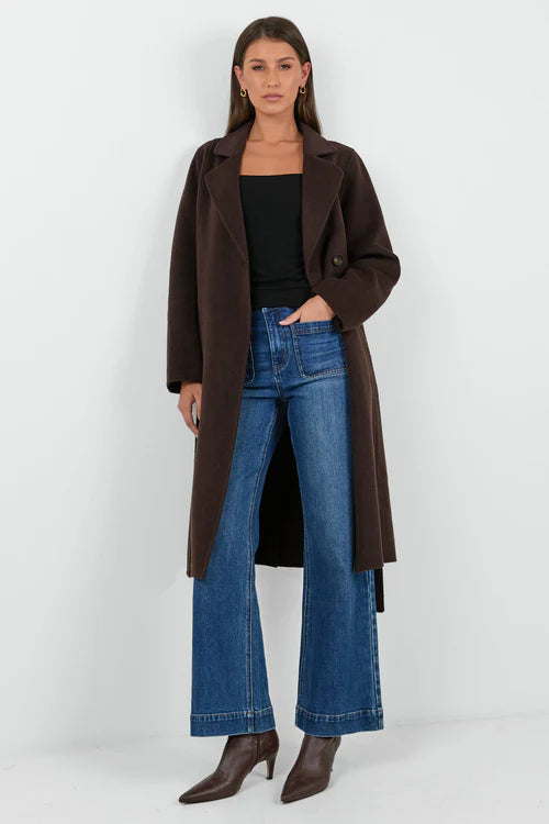 Provence Chocolate Melton Double Breasted Belted Coat