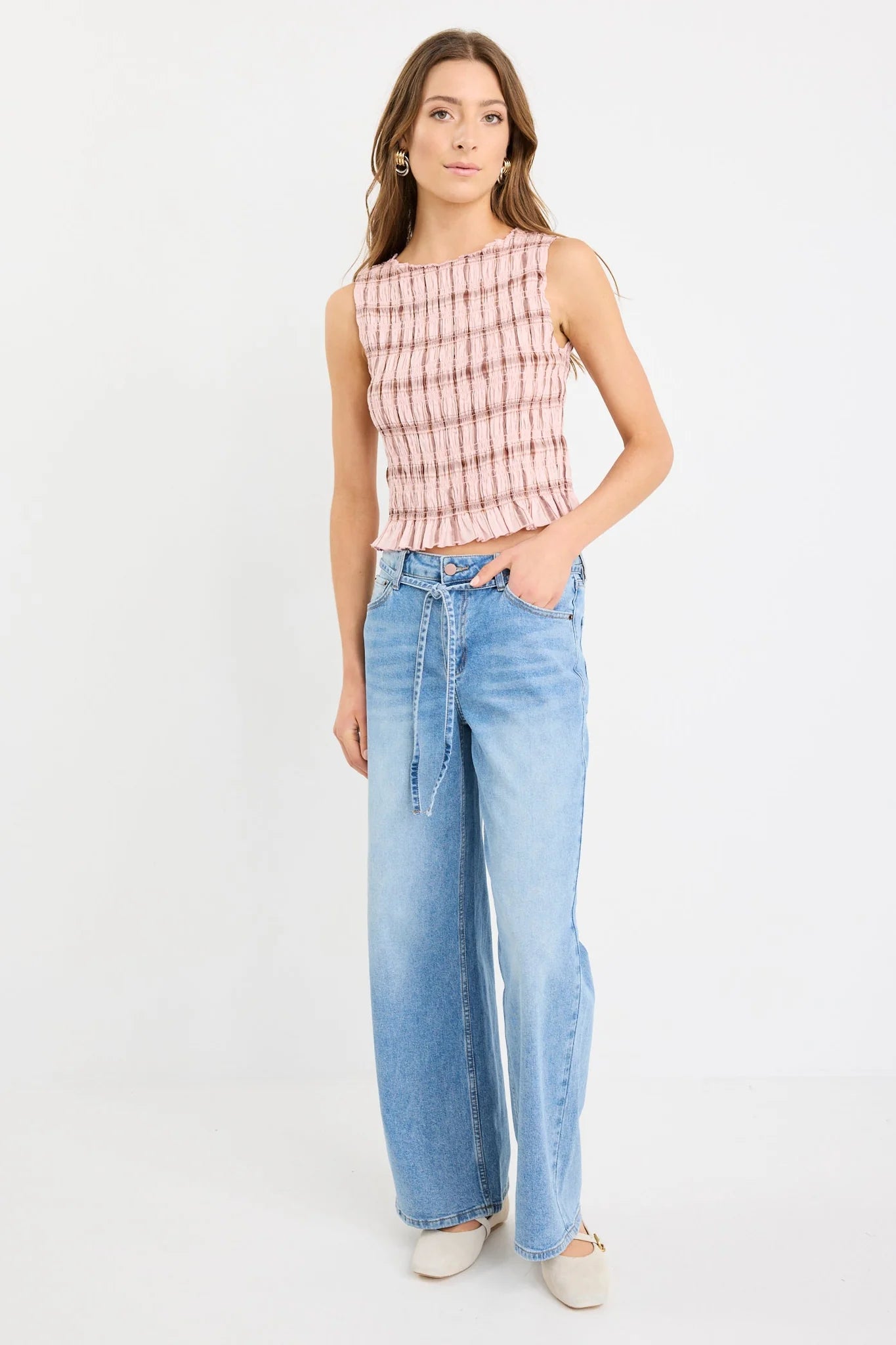 Forsaken Blush Check Shirred Sleeveless Shell Top - Blush Check