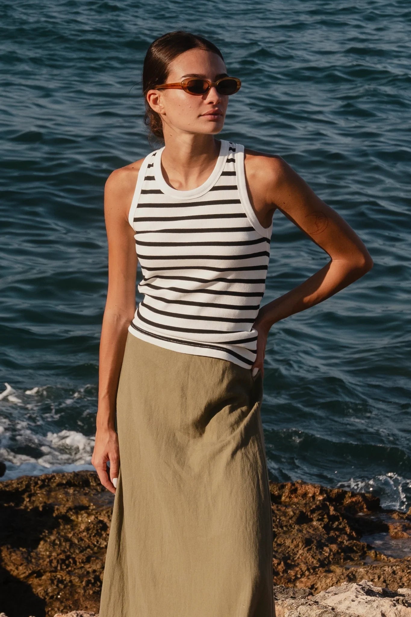 Cobble White Black Stripe Rib Cutaway Tank