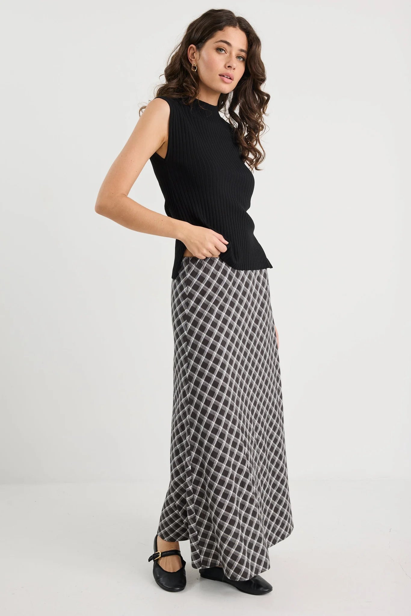 Soulmate Black White Check Bias Cut Midi Skirt