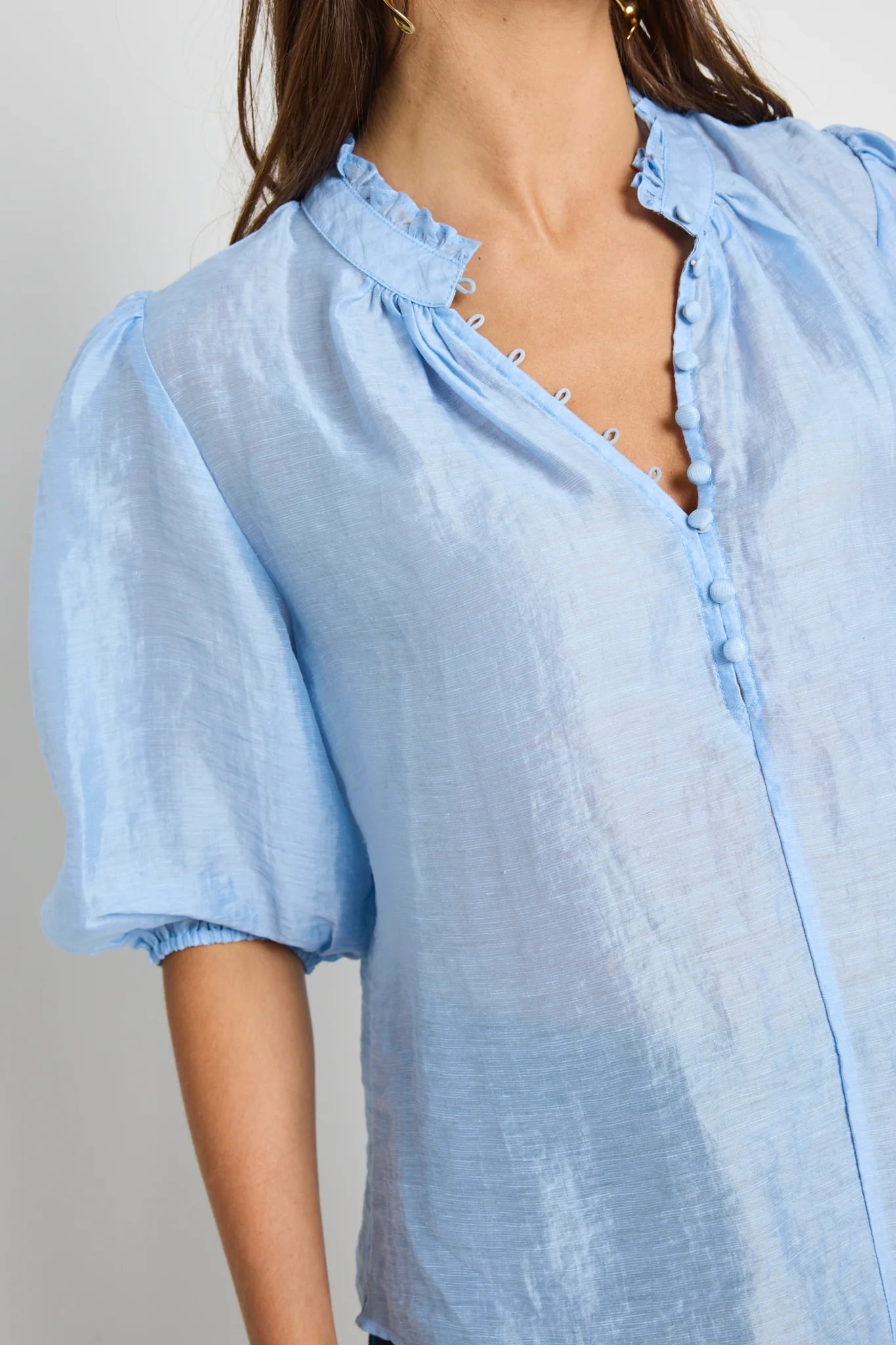 Closure Pale Blue Sheer High Neck Buttoned Top