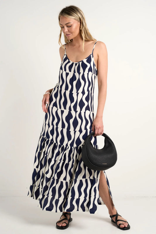 Relax Ink Geo Wave Strappy Tiered Midi Dress