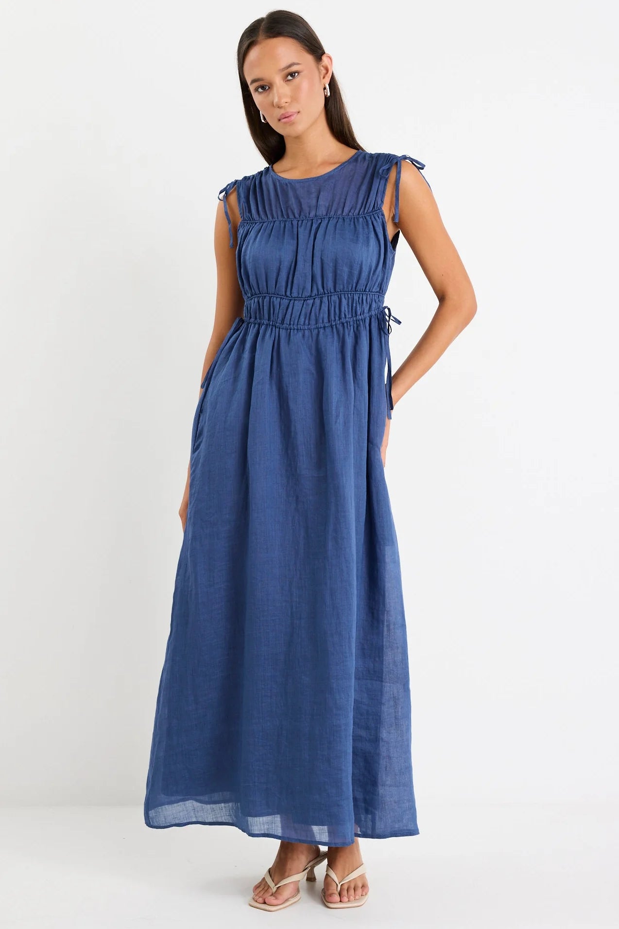 Compass Navy Ramie Relaxed Sleeveless Maxi Dress