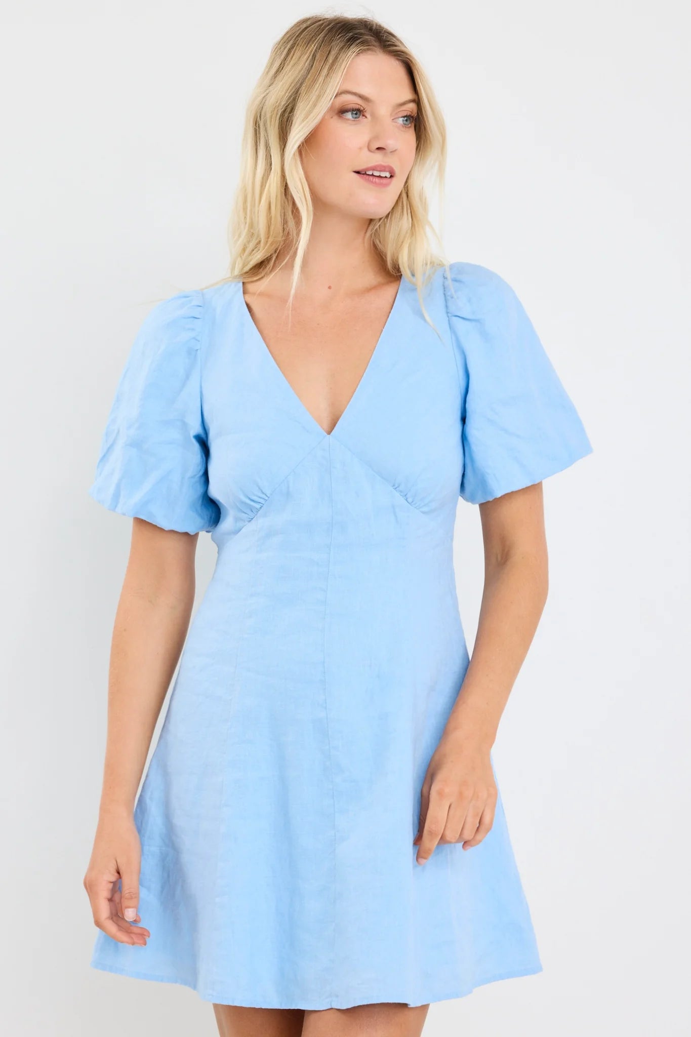 Adelaide Sky Blue Linen Puff Sleeve Panelled Mini Dress