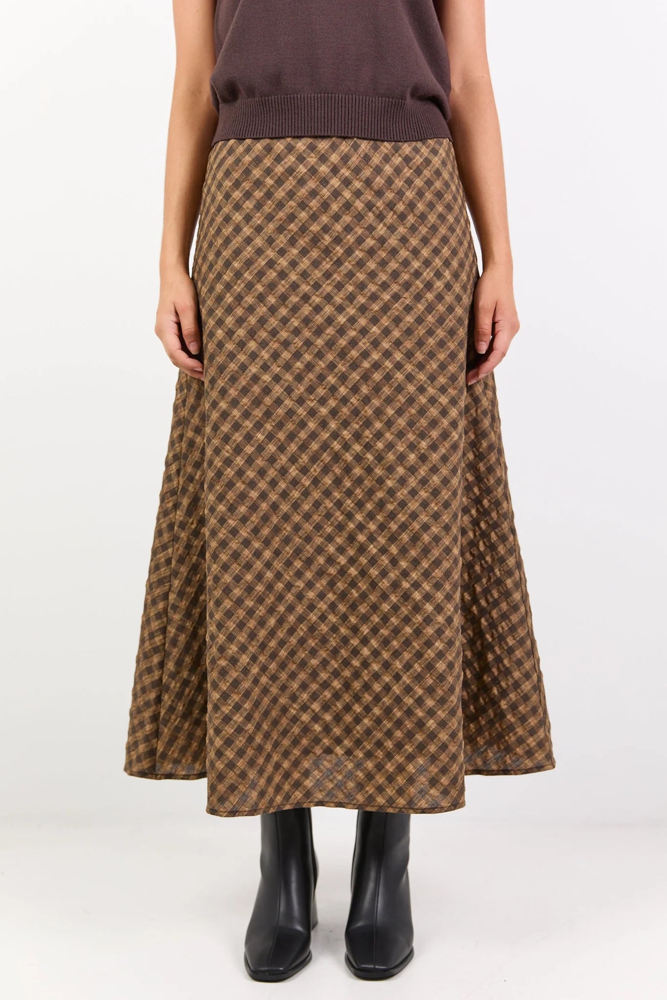 Companion Chocolate Caramel Check Cotton Blend Bias Maxi Skirt - Chocolate Caramel Check