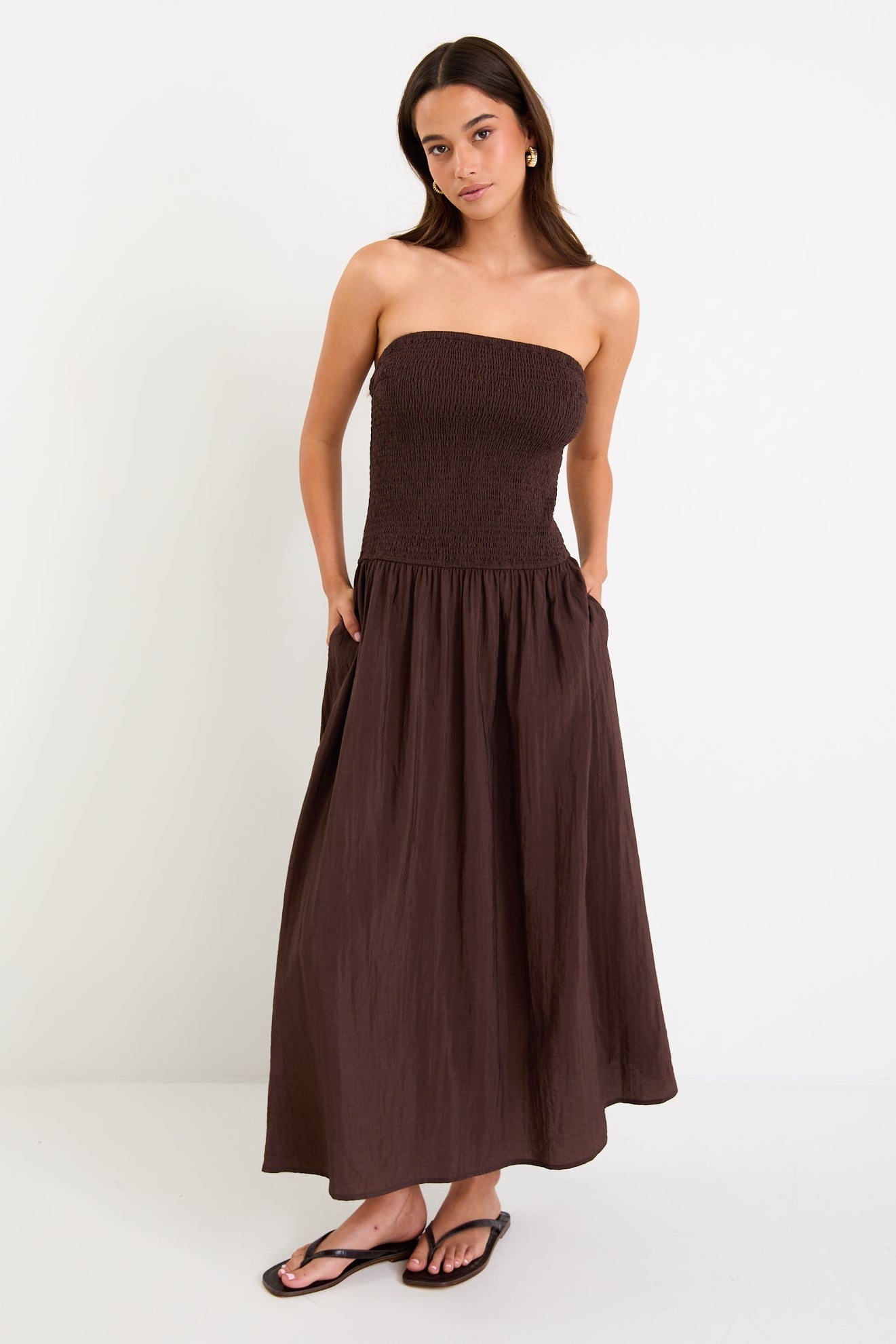 Athens Chocolate Strapless Shirred Bodice Maxi Dress