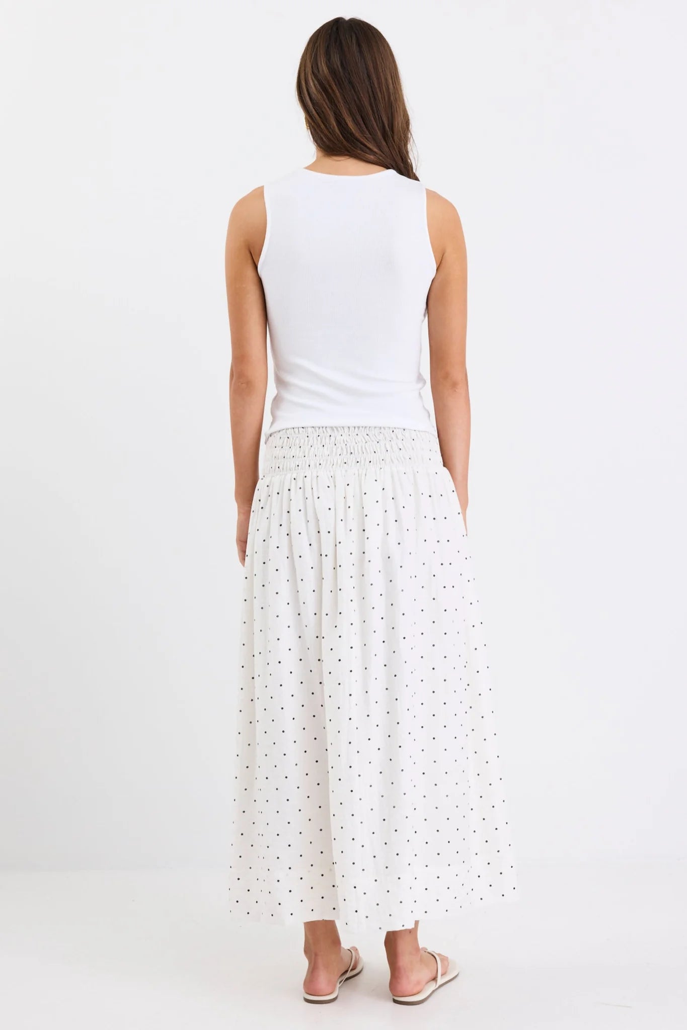 Wanderlust Cream Polka Dot Shirred Waist Maxi Skirt