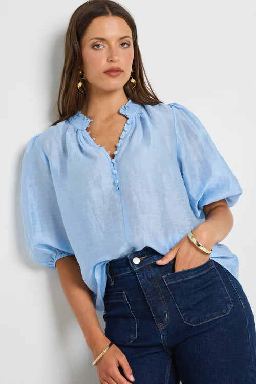 Closure Pale Blue Sheer High Neck Buttoned Top