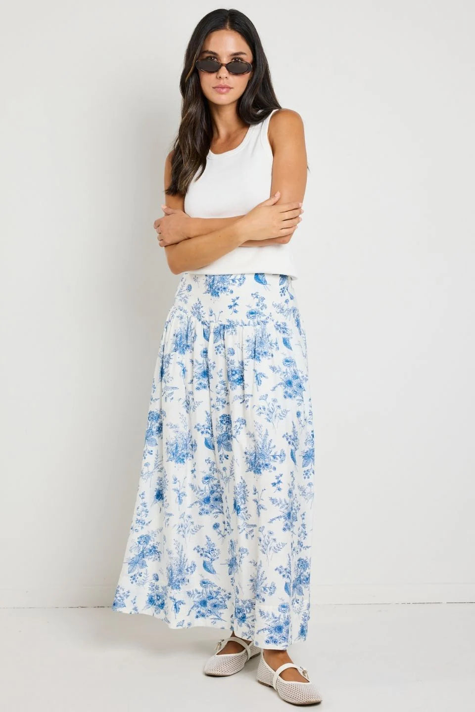 Affinity Porcelain Print Shirred Back Tiered Maxi Skirt